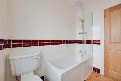 a bathroom with a toilet and a shower and a sink at 2 Wissett Cottages in Aldeby