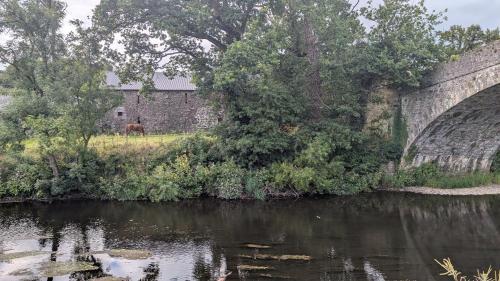 a bridge over a river with a building and a horse at Riverside Cottage in Castledawson