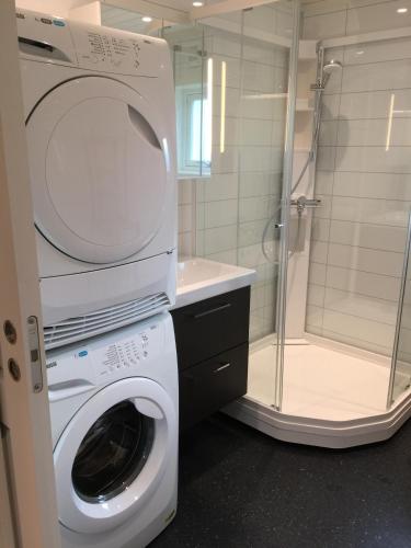 a washing machine in a bathroom with a shower at Villa Haudalan Åndalsnes in Åndalsnes