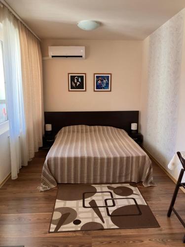 a bedroom with a bed and a rug on the floor at Ski Lift Studio 531 in Bansko
