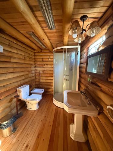 a log bathroom with a toilet and a sink at Sweet Home 1 in Tigre