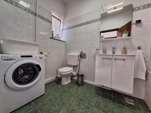 a bathroom with a washing machine and a toilet at TIZA Apartments in Vantačići