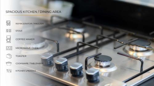 a close up of a gas stove top with the names at Zielo Rentals Palma ,Private balcony, Rooftop Walk to Zocalo in Mexico City