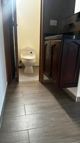 a bathroom with a toilet and wooden cabinets at Hotel oasis Sevilla Valle in Sevilla