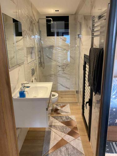 a bathroom with a sink and a shower and a toilet at Immobilier hammamet nord in Hammamet