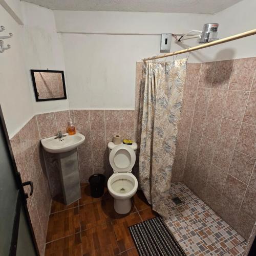 a bathroom with a toilet and a sink at Apartamentos el viajero in Panajachel