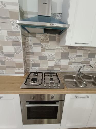a kitchen with a stove and a sink at Solleone - Appartamento 2B in Paestum