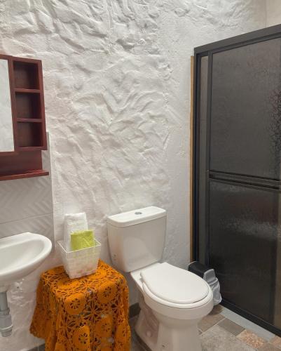 a bathroom with a toilet and a sink at Casa Patrimonial Abejorral - CASA GASAMA in Abejorral