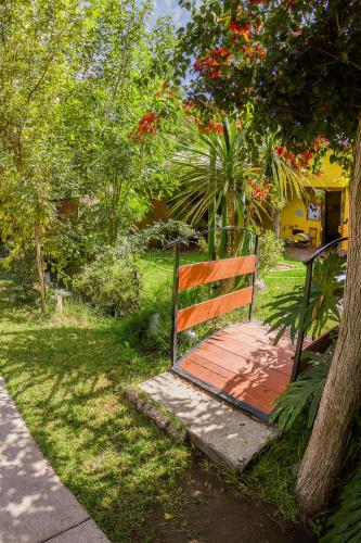 a bench sitting on a wooden boardwalk in a park at HOTEL HALLEY - Vicuña, Valle de Elqui in Vicuña