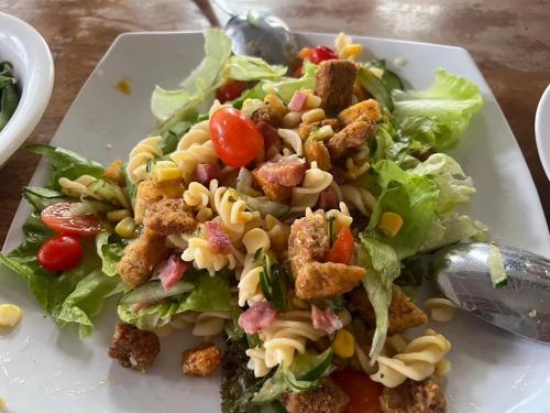 a plate of pasta salad with lettuce and tomatoes at villa Angin in Munggu