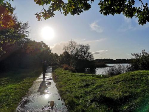 a person walking down a path next to a body of water at 4 star holiday home in Ansager in Ansager