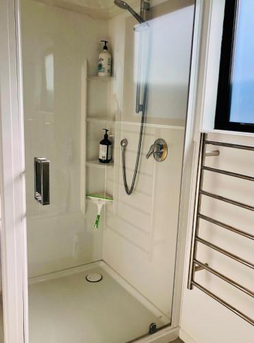 a shower with a glass door in a bathroom at The Perch in Albert Town