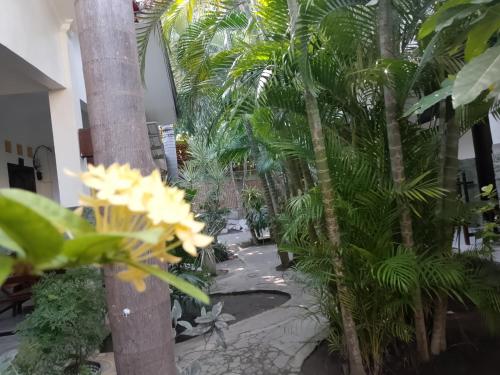a bunch of palm trees in a building with yellow flowers at Ricel homestay in Gili Trawangan