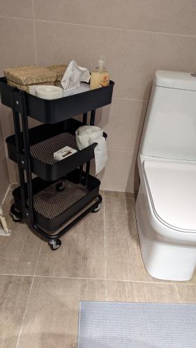 a bathroom with a toilet and a cart next to it at Acropolis View Condo, perfect location! in Piraeus