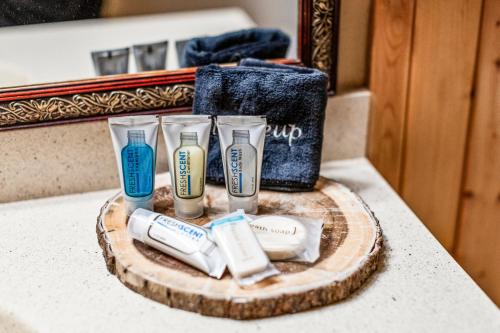 a group of toothbrushes on a table in a bathroom at Amazing Superior Lake View Condo and Heated Pools in Two Harbors
