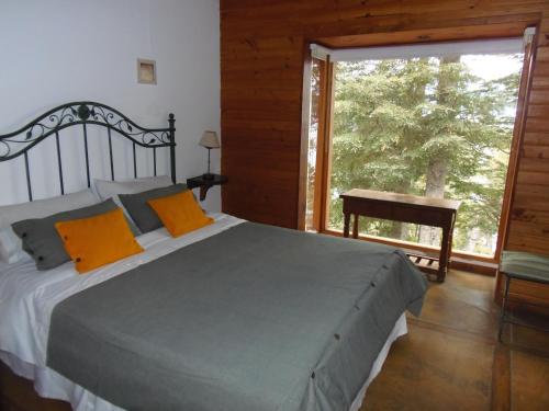 1 dormitorio con cama y ventana grande en La Torre de la Cascada en Villa La Angostura