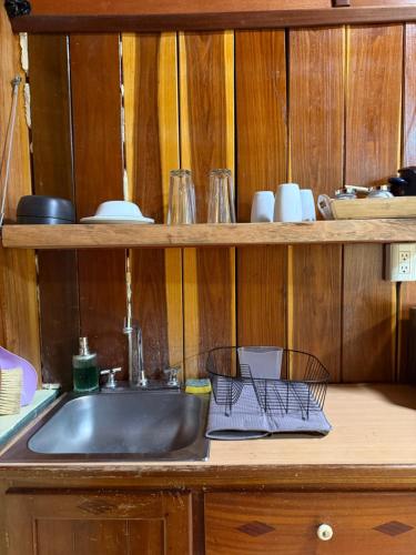a kitchen counter with a sink and a wooden wall at Maïa Bacalar in Bacalar