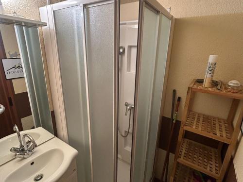 une salle de bain avec douche et lavabo dans l'établissement Studio 4 pers, terrasse, WIFI, parking, au pied des pistes à Besse - FR-1-814-33, à Besse-et-Saint-Anastaise