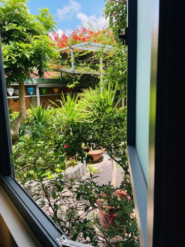 a view of a garden from a window at Homestay Mai Ngọc Tây Ninh in Tây Ninh