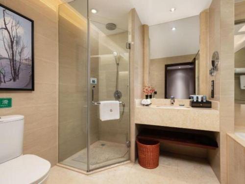 a bathroom with a shower and a toilet and a sink at Wuhan Soluxe Hotel in Wuhan