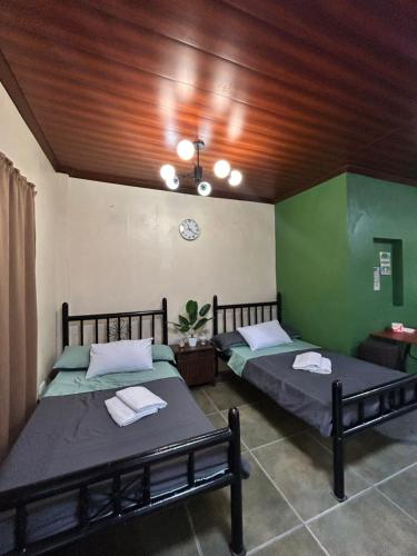 two beds in a room with green walls at Kabbalay Homestay in San Juan