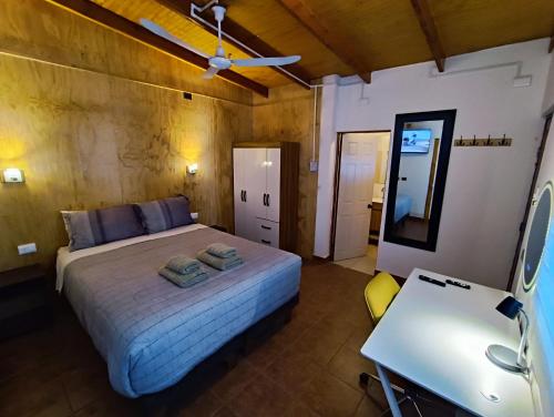 a bedroom with a bed and a desk and a sink at Hostal Yurak in San Pedro de Atacama
