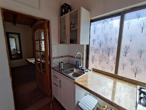 a kitchen with a sink and a large window at Hostal Yurak in San Pedro de Atacama