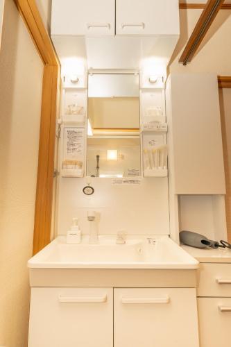 a bathroom with a sink and a mirror at Skytree Tokyo House Takasago in Tokyo