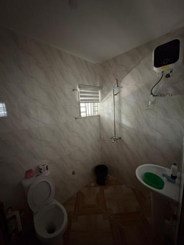 a bathroom with a toilet and a sink and a tv at Bollington ADEX house 