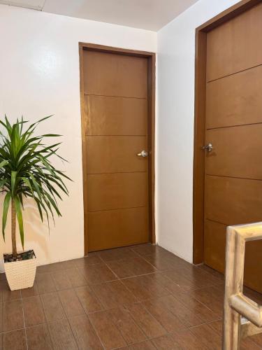 a hallway with two doors and a potted plant at Metro Naga Bnb 