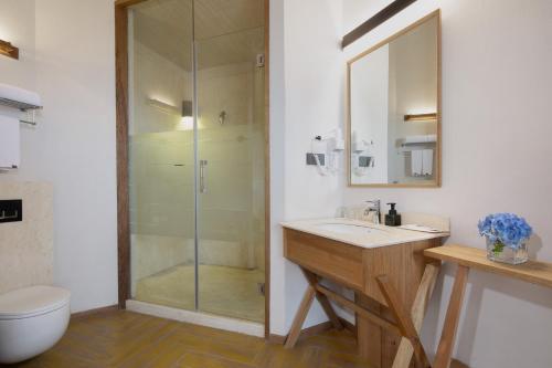 a bathroom with a shower and a sink and a toilet at 上海浦东机场华美达安可酒店-免费提供24小时浦东机场班车十分钟到达候机楼出发层 in Shanghai