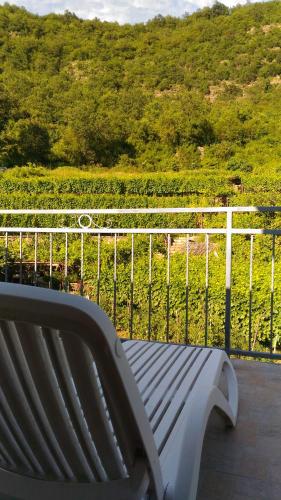 a bench sitting on a balcony looking at a vineyard at Apartment Mond in Virpazar