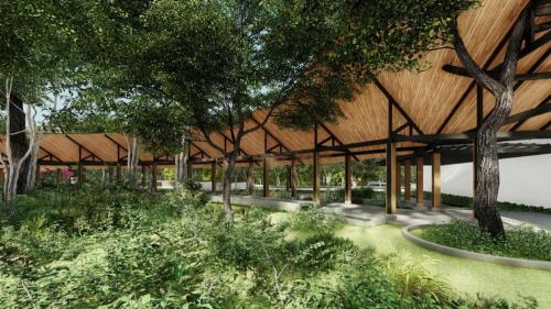 an architectural rendering of a pavilion with trees and plants at RXV Wellness Village in Nakhon Pathom