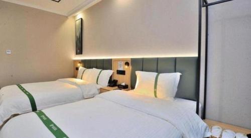 two beds in a hotel room with two bedsskirts at GreenTree Inn Suzhou Shihu Suli Road Express Hotel in Suzhou