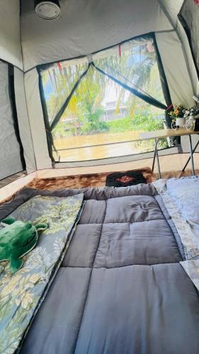 a large bed in a tent with a window at HOMESTAY Hoàng GIa in Ấp Ông Tú