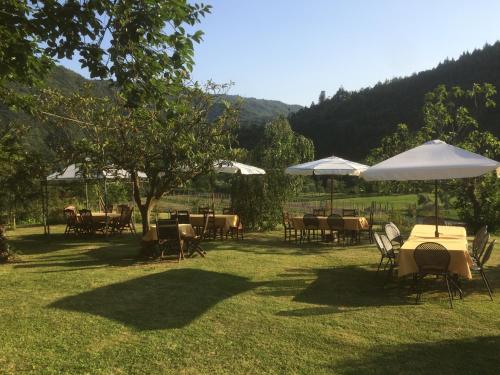 a group of tables and chairs with umbrellas at Agriturismo I Chiosi in Comano