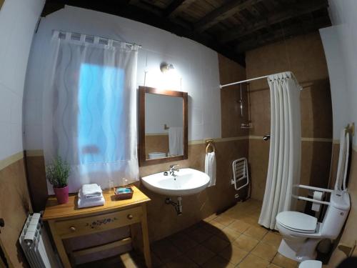 y baño con lavabo, aseo y espejo. en Casa Rural El Regajo Valle del Jerte, en El Torno