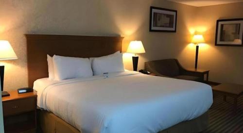 a hotel room with a large white bed and a chair at Best Western Rama Inn in Ephrata