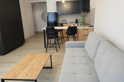 Una sala de estar con un sofá y una mesa y una cocina. en Exclusive Apartment - blisko Dworca, darmowy parking przy ulicy, późne wymeldowanie, Wi-Fi, en Opole