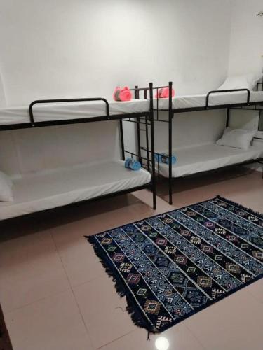 a room with two bunk beds and a rug at international hoste in Muscat