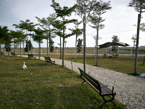 a row of benches in a park with a cat sitting on the grass at MI LE GARDEN Chalet in Sekincan