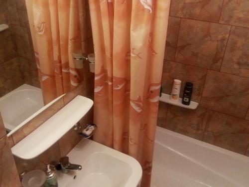 a bathroom with a shower curtain and a sink at Apartament Dana ARHB 2 camere in Bucharest