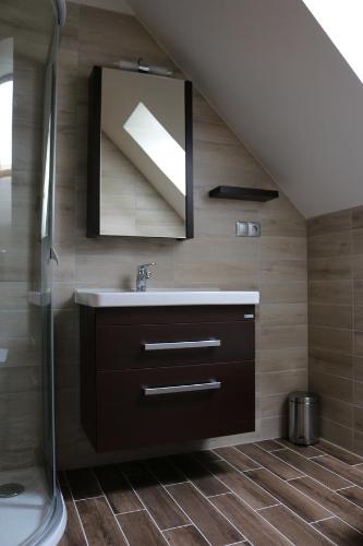 a bathroom with a sink and a shower and a mirror at Villa Tolnay Vendégház in Gyulakeszi