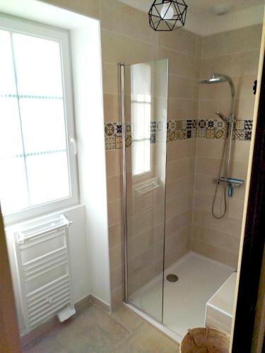 una ducha con puerta de cristal en un baño en Les Riderées, en Saint-Gervais-du-Perron