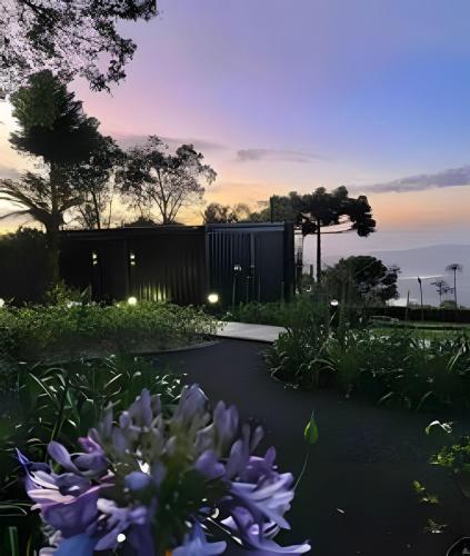 a garden with purple flowers in the foreground at Chalé com banheira e lareira - 20 min de Gramado in Igrejinha