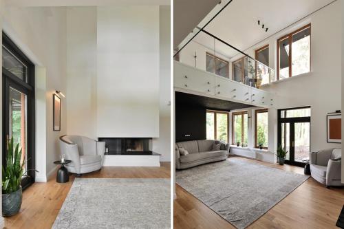 twee afbeeldingen van een woonkamer met een trap en een open haard bij Villa VILAVI Jurmala in Jūrmala