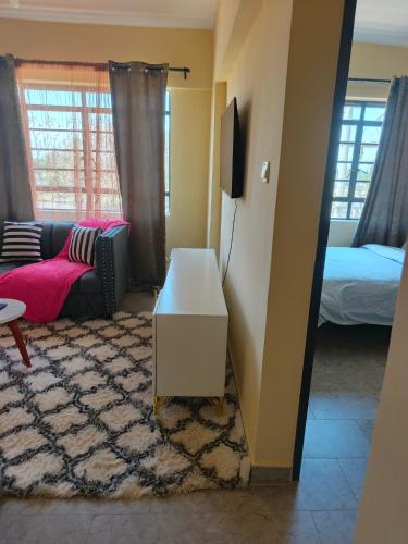 a living room with a couch and a tv at Okoko Enterprises BnB in Kisumu
