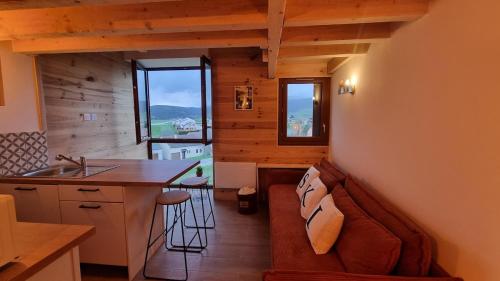 eine Küche mit einem Sofa und einem Waschbecken in einer Hütte in der Unterkunft Cocon au cœur des Montagnes in Puyvalador