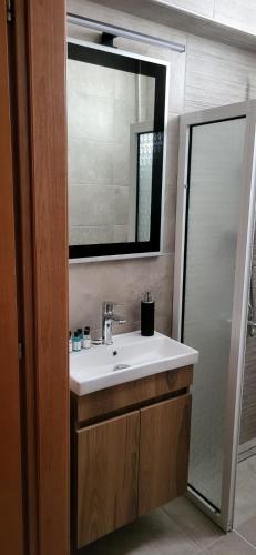 a bathroom with a sink and a mirror at Villa La Mer in Skala Potamias