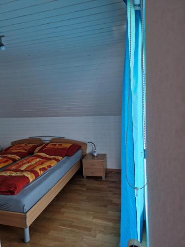 a bedroom with a bed and a blue curtain at Ferienwohnung Pirol in Grenchen